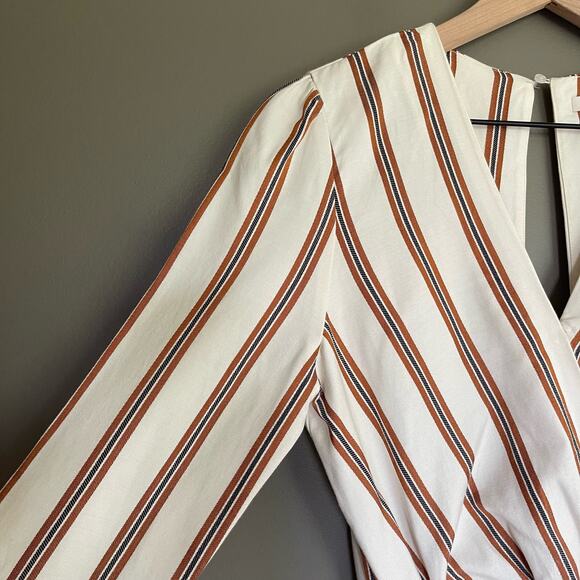 Maje Ieni Romper Size Medium Cream Bronze Striped Peplum One Piece Long Sleeve - Picture 10 of 16